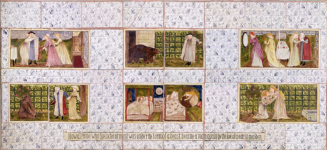 Painel de Azulejos representando a história da Bela e a Fera da casa de Birket Foster em Witley, Surrey, c.1862 (cerâmica) de William Morris
