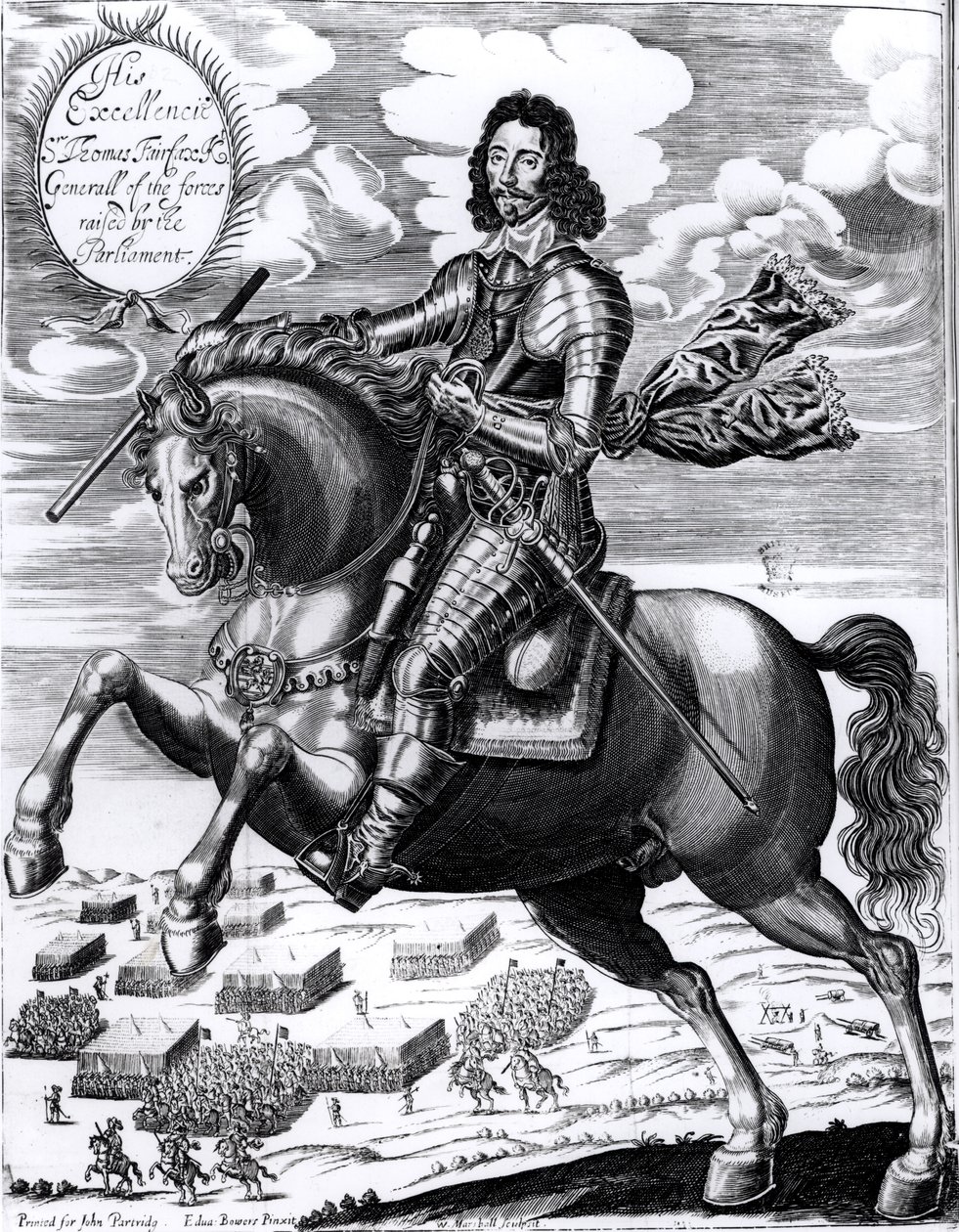 Retrato equestre de sua excelência Sir Thomas Fairfax (1617-71) 3º barão, gravado por William Marshall (fl.1617-49) de Edward Bower