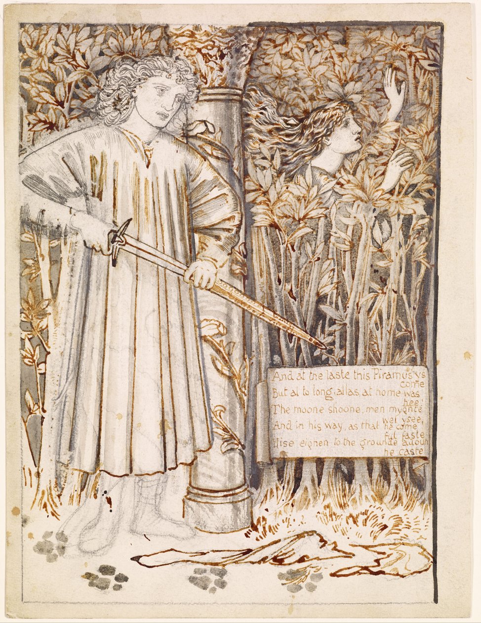 Pyramus e Thisbe - Pyramus desenha sua espada para matar a si mesmo de Edward Burne Jones