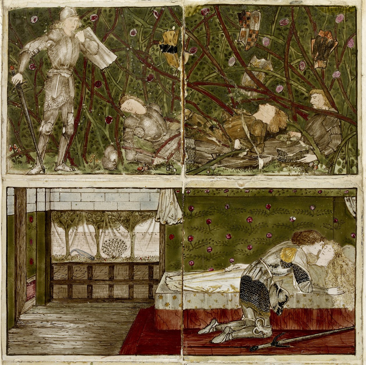 Um conjunto de dezesseis peças dispostas em pares para formar oito ilustrações do conto "Briar Rose", 1862 - 1865 (cerâmica) de Edward Burne Jones
