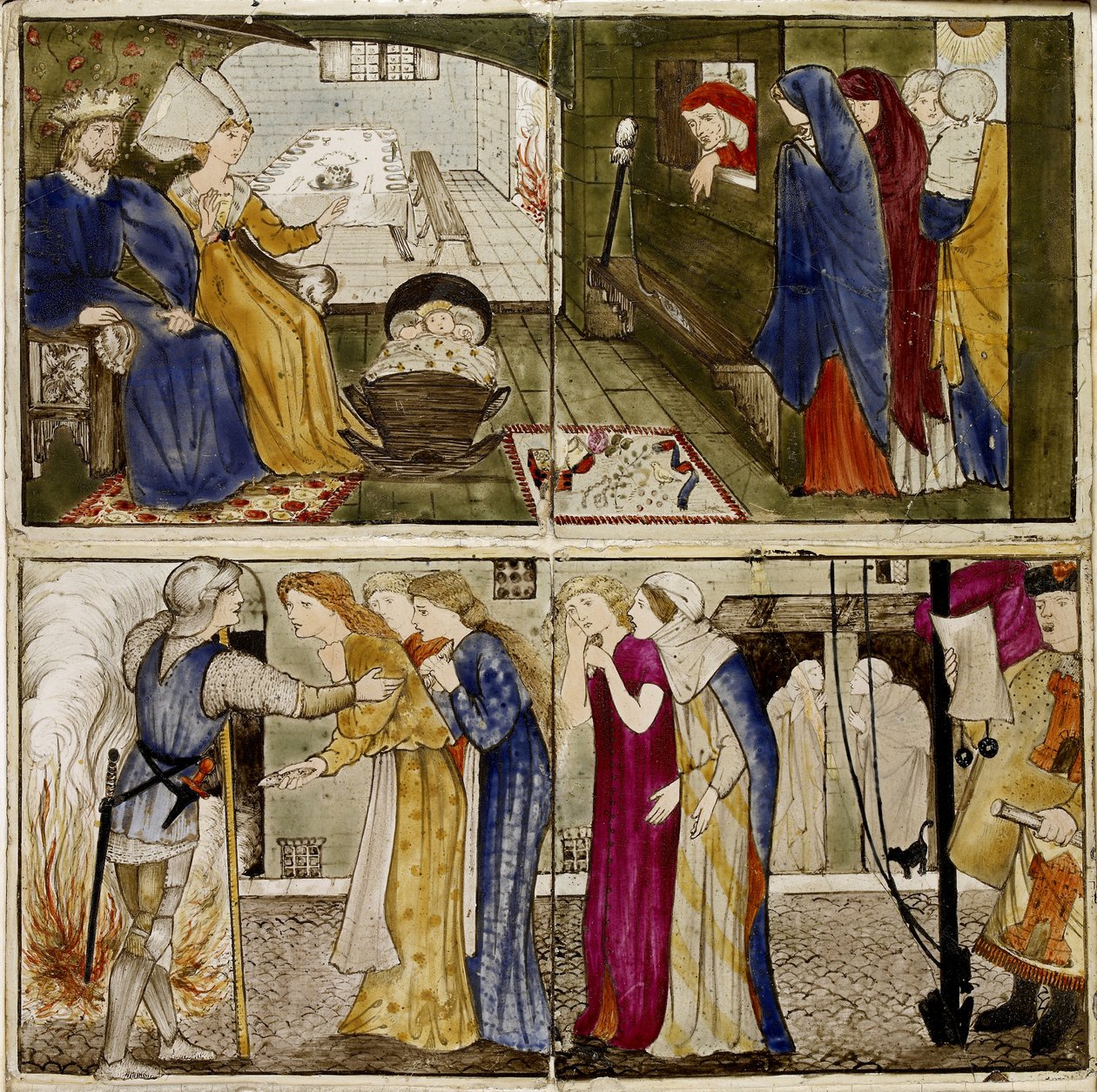 Um conjunto de dezesseis peças dispostas em pares para formar oito ilustrações do conto "Briar Rose", 1862 - 1865 (cerâmica) de Edward Burne Jones