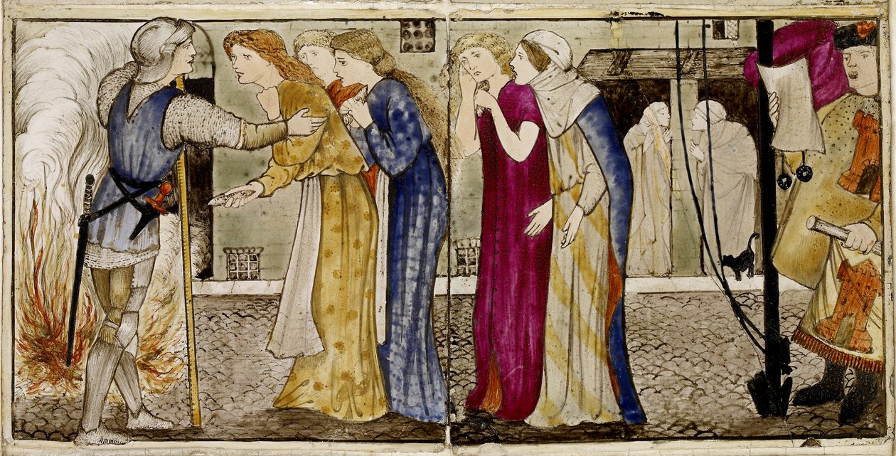 Um conjunto de dezesseis peças dispostas em pares para formar oito ilustrações do conto "Briar Rose", 1862 - 1865 (cerâmica) de Edward Burne Jones