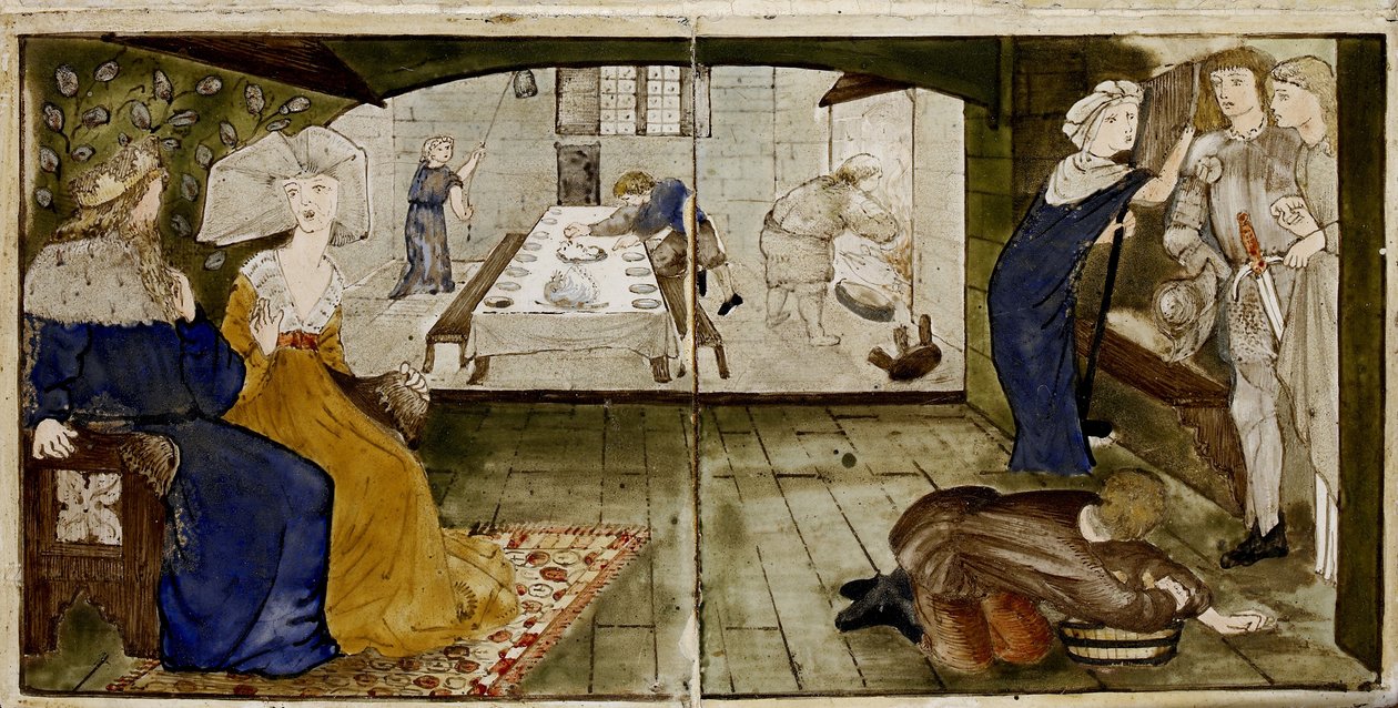 Um conjunto de dezesseis peças dispostas em pares para formar oito ilustrações do conto "Briar Rose", 1862 - 1865 (cerâmica) de Edward Burne Jones