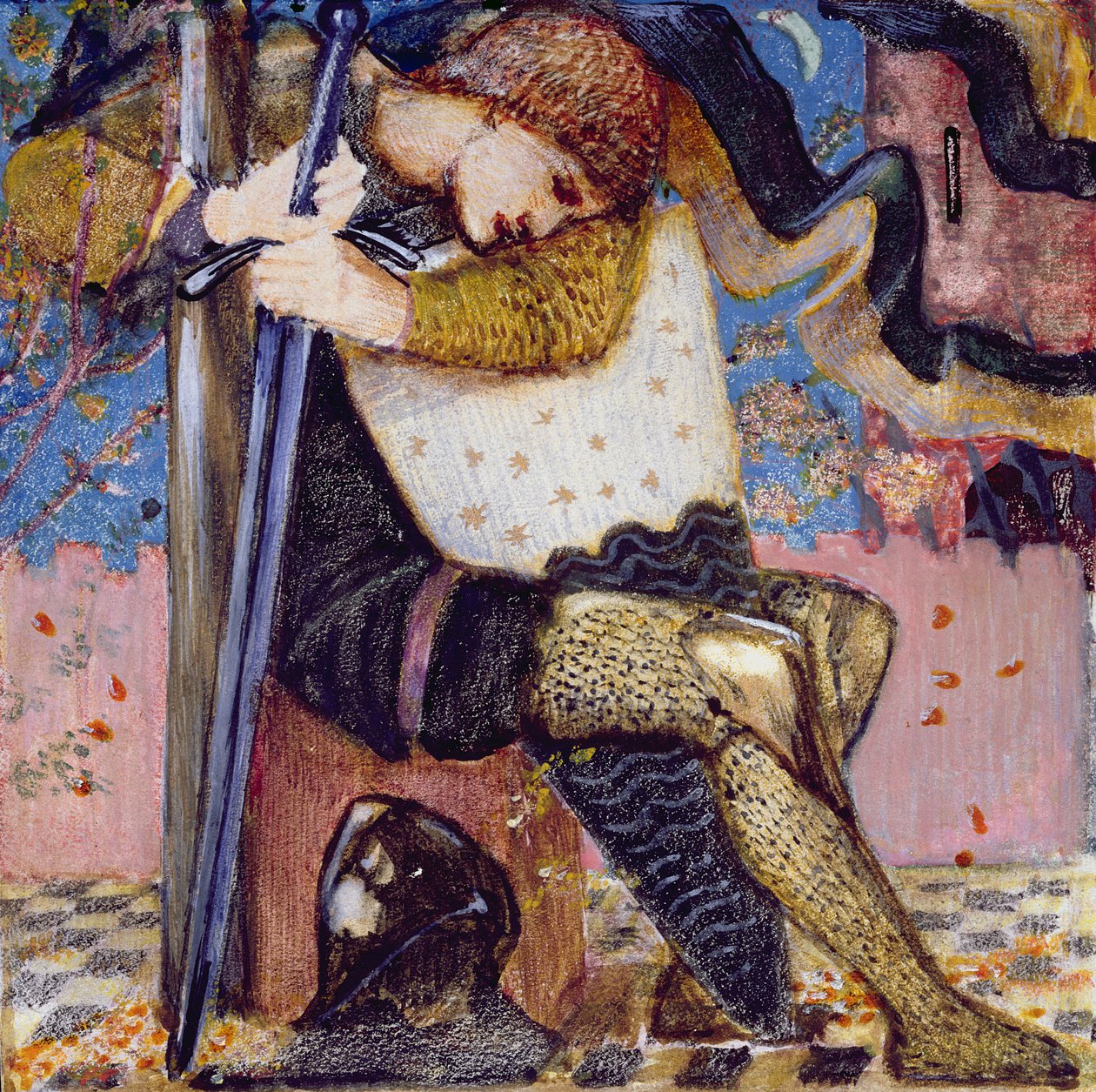 Arthur com Excalibur (guache e tinta dourada sobre velino) de Edward Burne Jones