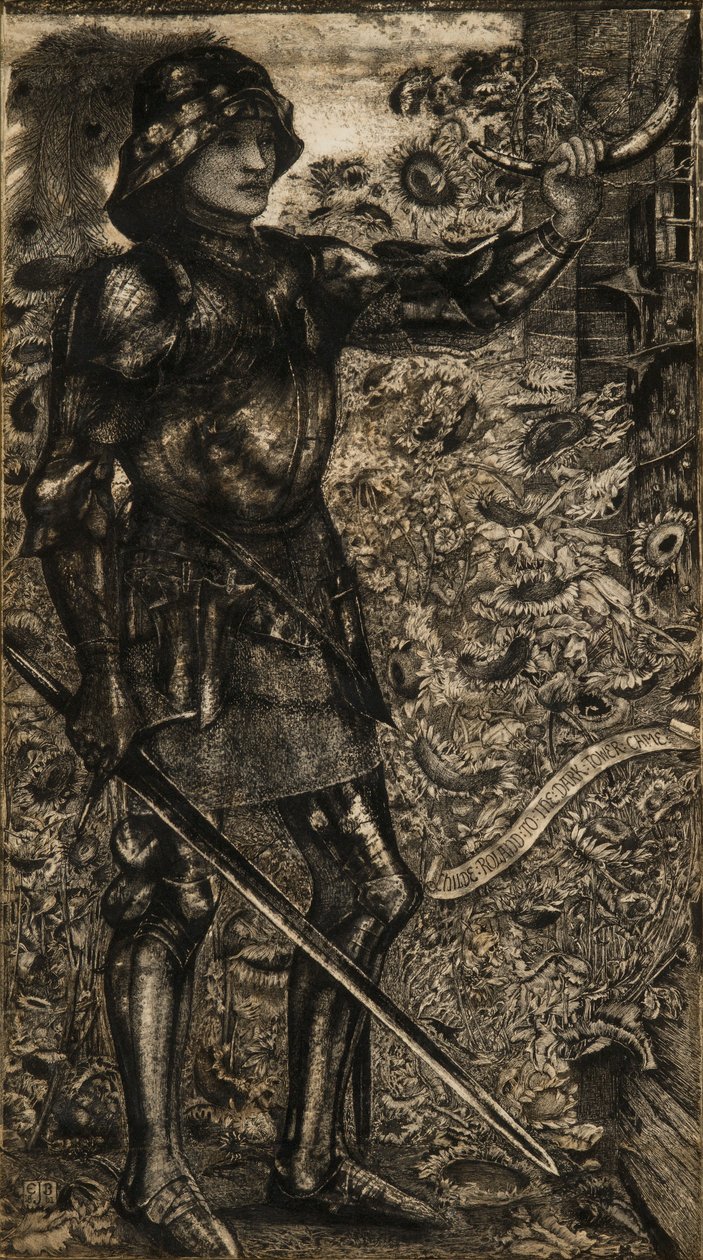 &39;Childe Roland para a Torre Negra veio&39;, 1861 (caneta, tinta e lavagem cinza) de Edward Burne Jones