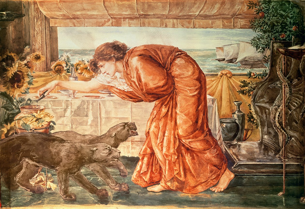 Circe derramando veneno em um vaso e aguardando a chegada de Ulisses, 1863-69 de Edward Burne Jones