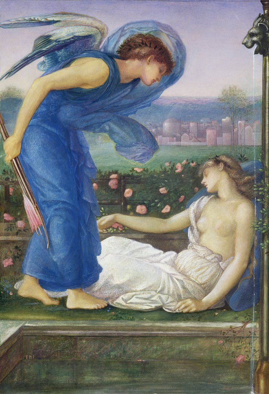 Cupido e Psique, c.1865 (wc, bodycolour e pastel sobre papel montado sobre linho) de Edward Burne Jones