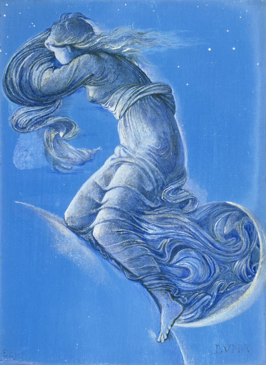 Luna (wc, bodycolour, lápis e tinta prateada sobre linho) de Edward Burne Jones