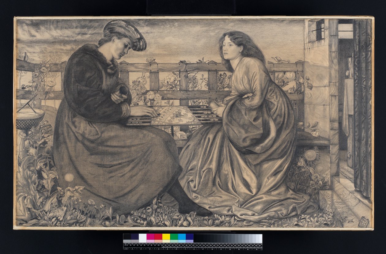 Os jogadores de gamão (giz preto com algum bodycolour no papel) de Edward Burne Jones