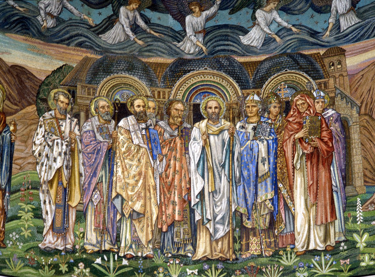 Os Cinco Pais da Igreja Oriental com os Cinco Pais da Igreja Ocidental, anos 1880-90 (mosaico) de Edward Burne Jones