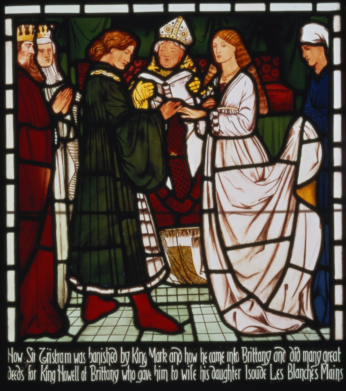 O Casamento de Tristão e Isolda das Mãos Brancas, filha do governante da Bretanha, de "A História de Tristão e Isolda", William Morris und Co. (vitral) de Edward Burne Jones
