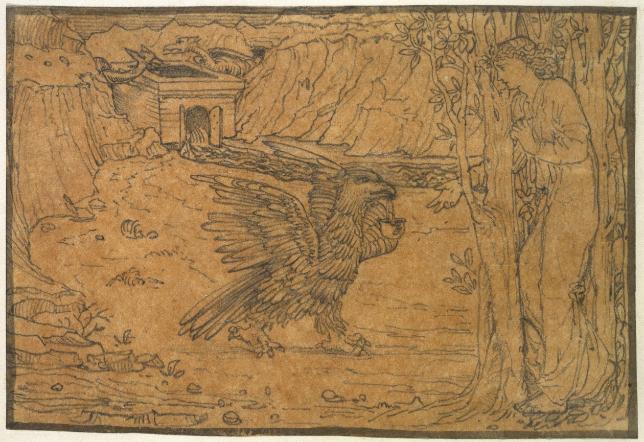 A História do Cupido e Psique: A Água Negra, c. 1864 - c. 1868 (grafite, com uma borda de tinta, em papel vegetal) de Edward Burne Jones
