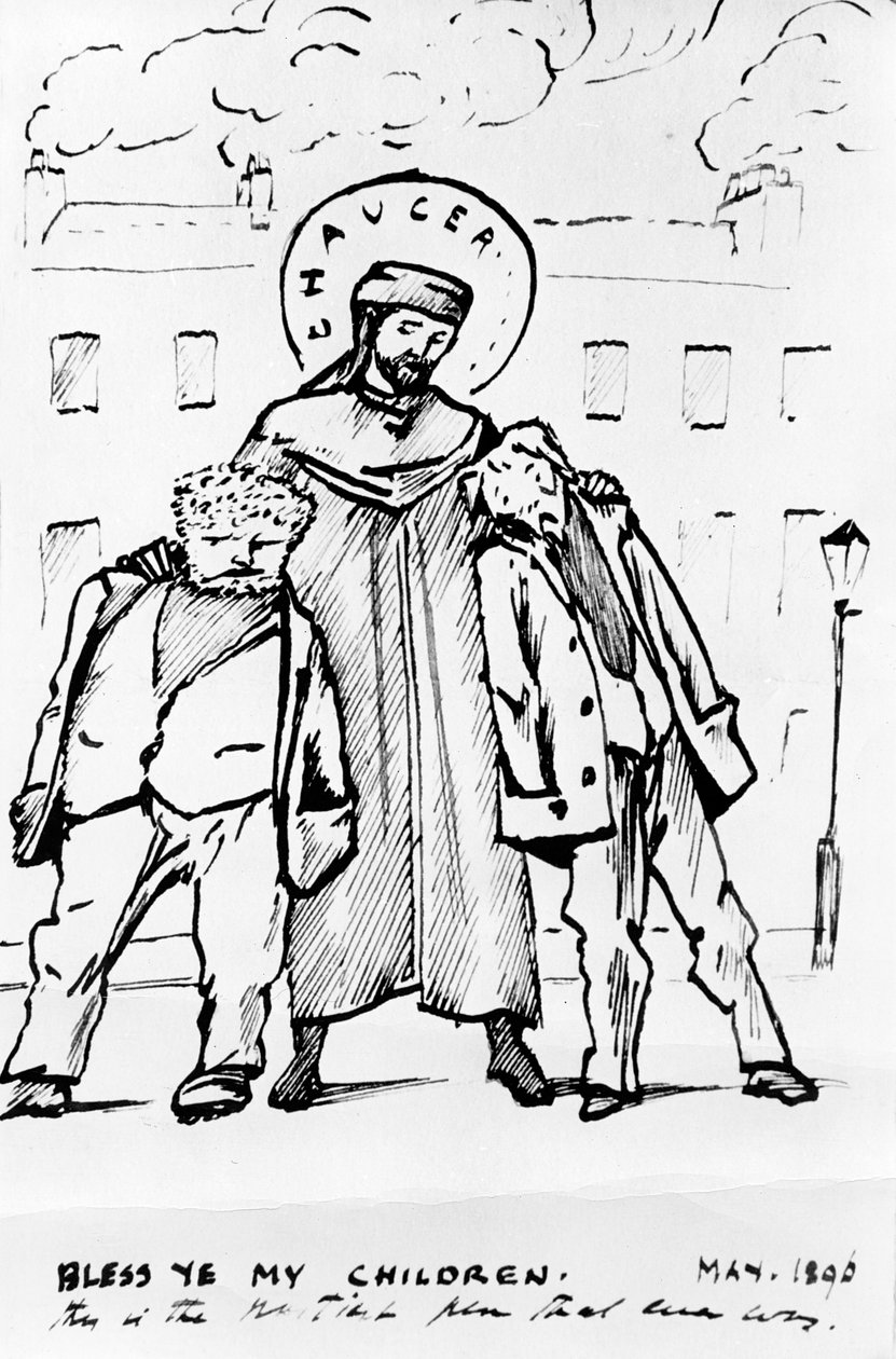 William Morris e Edward Burne-Jones sendo abençoados por Chaucer, cartoon, 1896 (caneta e tinta) (bw print) de Edward Burne Jones