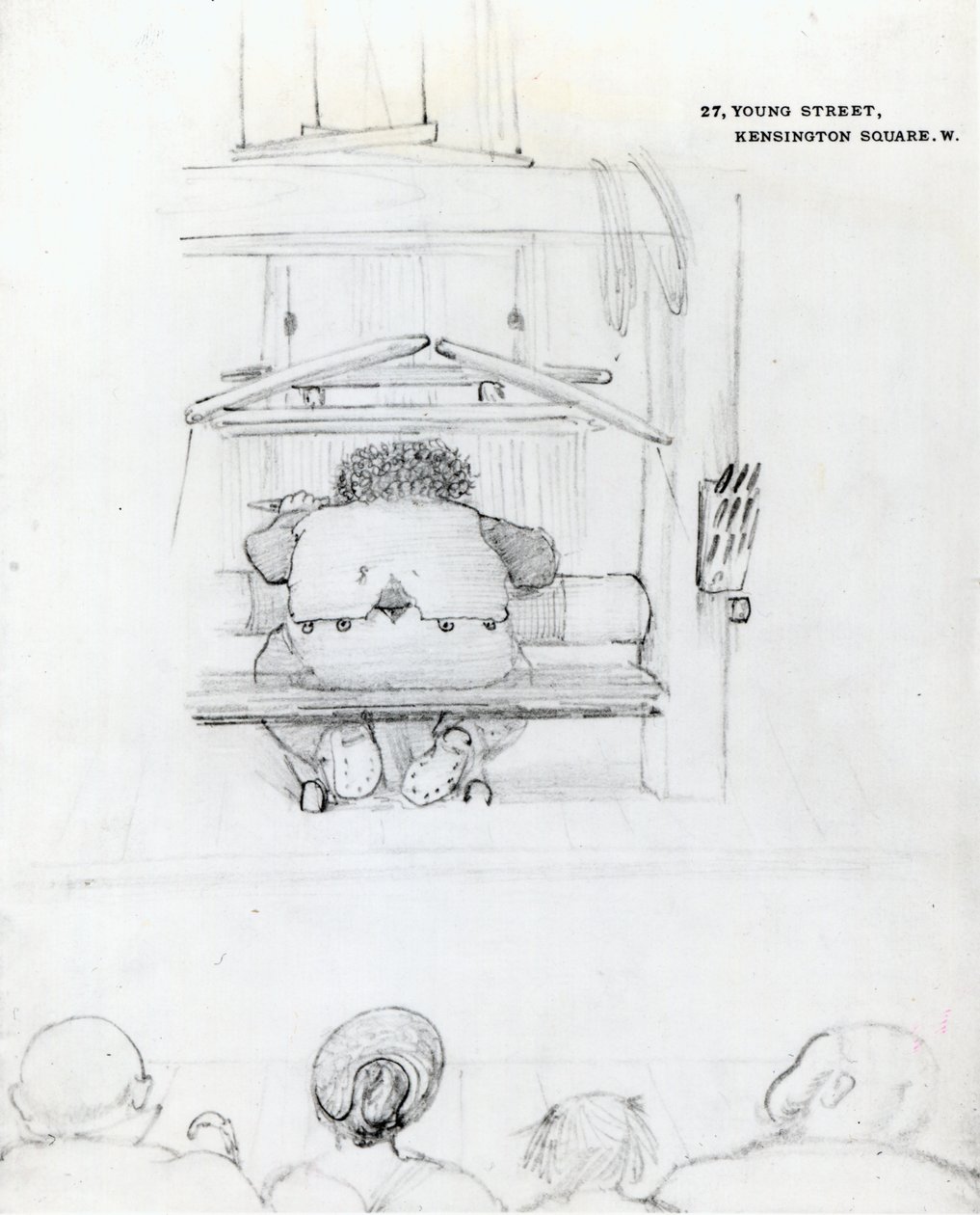William Morris em seu tear, caricatura (bw print) de Edward Burne Jones