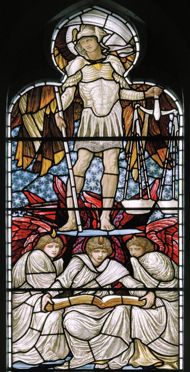 St Michael pesando almas, o detalhe do último julgamento, 1876 de Edward Burne Jones