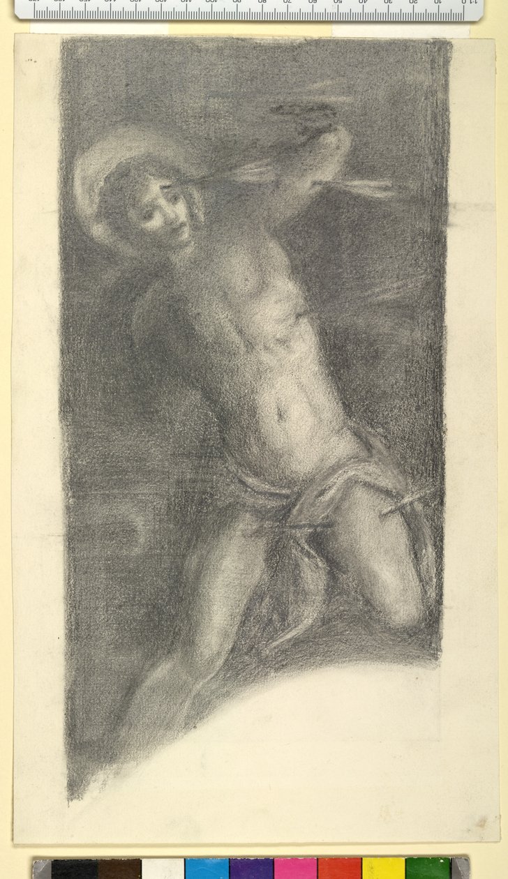 Estudo de São Sebastião de Tintoretto na Scuola Grande di San Rocco, 1859 ou 1862 (giz preto e grafite em papel de capa) de Edward Burne Jones