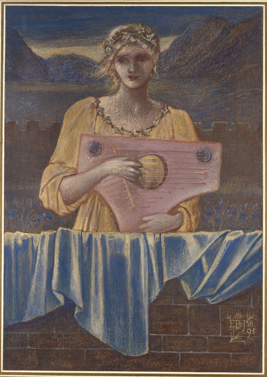 Estudo de uma mulher com um instrumento musical, 1895 (Giz colorido com tinta dourada e aquarela) de Edward Burne Jones
