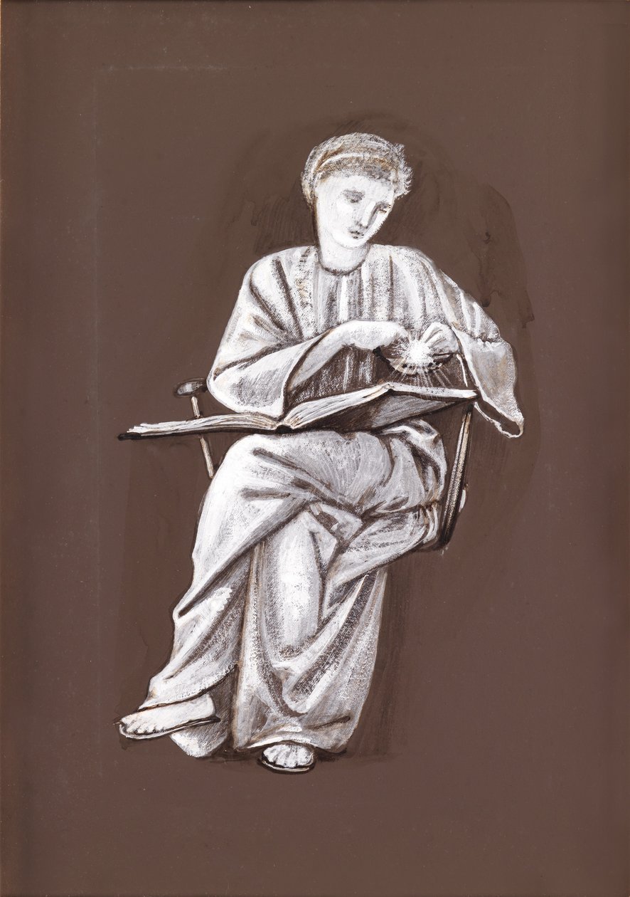 Estudo de uma menina sentada, com um livro (bodycolour marrom e branco sobre papel) de Edward Burne Jones