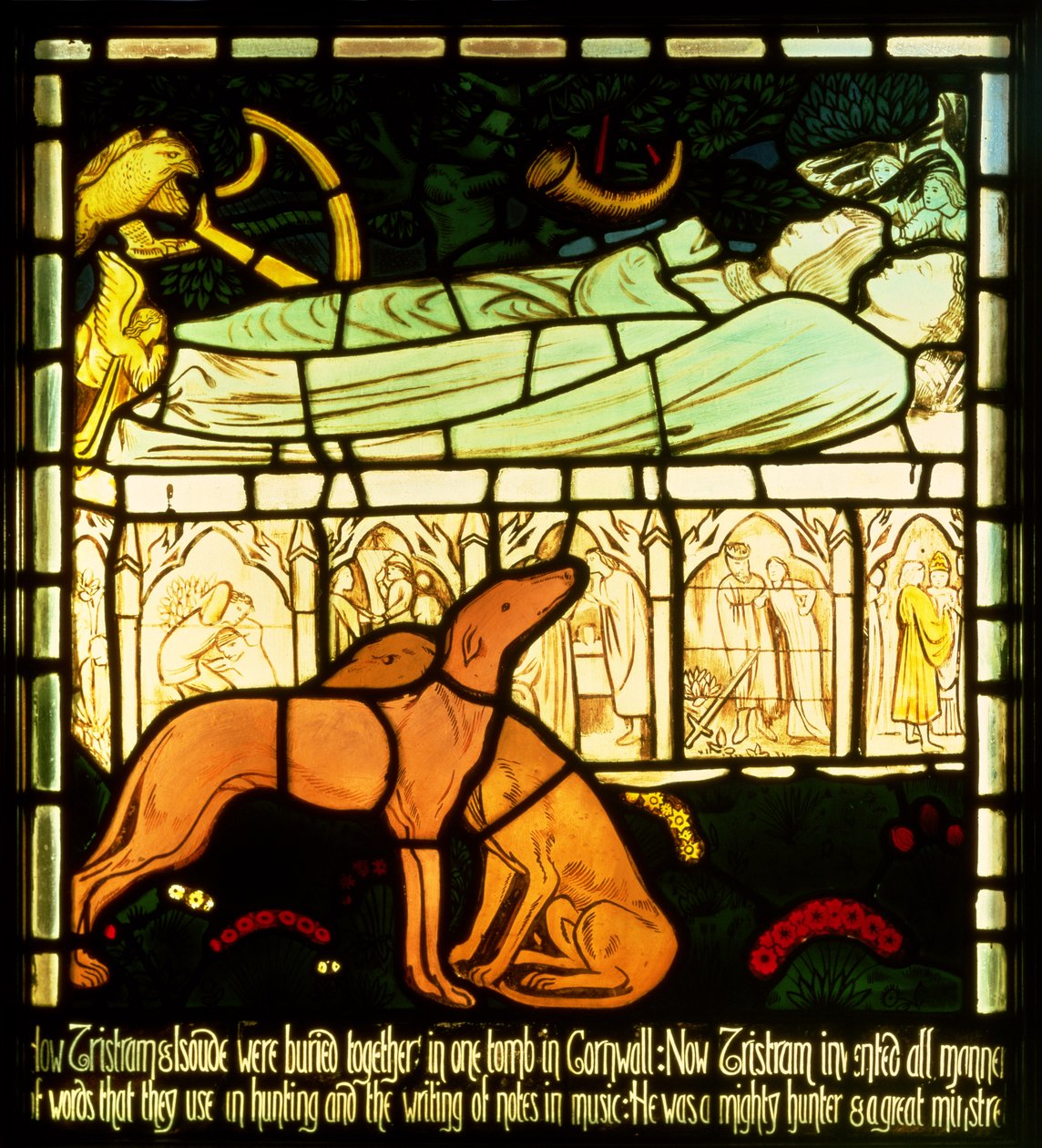 O túmulo de Tristão e Isolda a Feira, de "A História de Tristão e Isolda", William Morris und Co. (vitral) de Edward Burne Jones