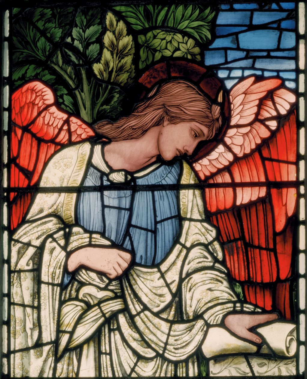 Birmingham, Acocks Green, Virgem Maria, Morris & Co., Edward Burne-Jones, John Henry Dearle (1859-1932), Anjo com Pergaminho, detalhe, 1895 de Edward Coley and Dearle Burne Jones