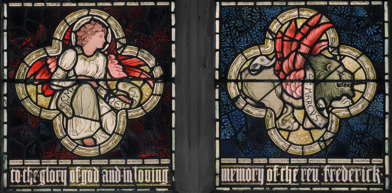 Birmingham, Acocks Green, Virgem Maria, Morris & Co., Edward Burne-Jones, John Henry Dearle (1859-1932), Símbolos dos Evangelistas, São Mateus e São Marcos, 1895 de Edward Coley and Dearle Burne Jones