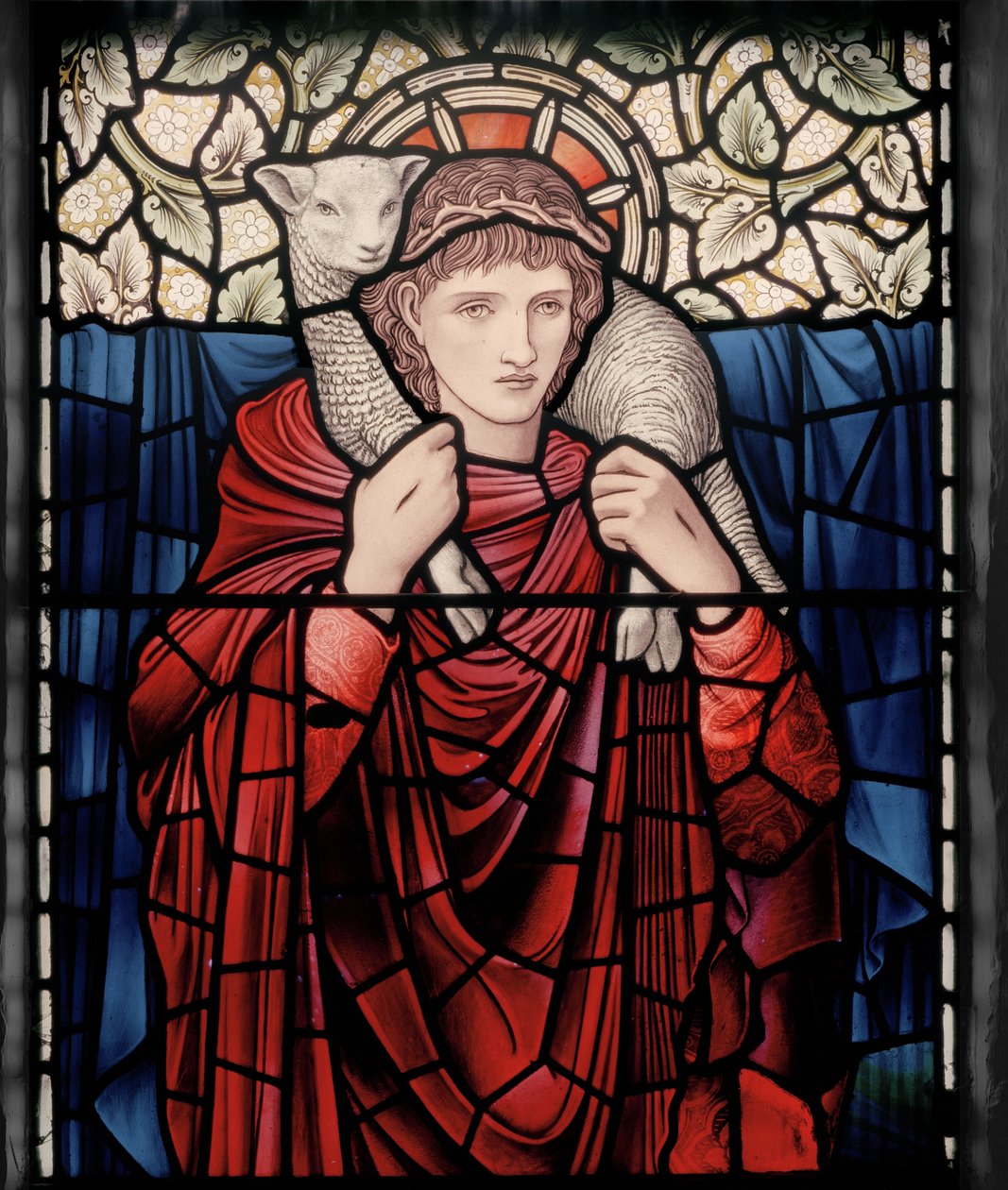 Birmingham, Ward End, St. Margaret, Morris & Co., Edward Burne-Jones, John Henry Dearle (1859-1932), O Bom Pastor, detalhe, 1902, Brampton Cumbria, Titcomb, Wren de Edward Coley and Dearle Burne Jones