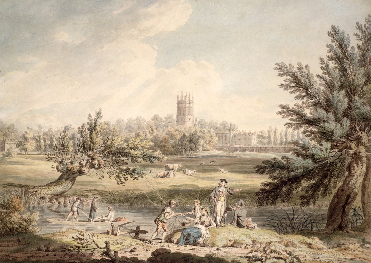 Magdalen College, Oxford, Vista de Cherwell Olhando para o Noroeste, 1791-92 (wc e caneta e tinta sobre papel) de Edward Dayes