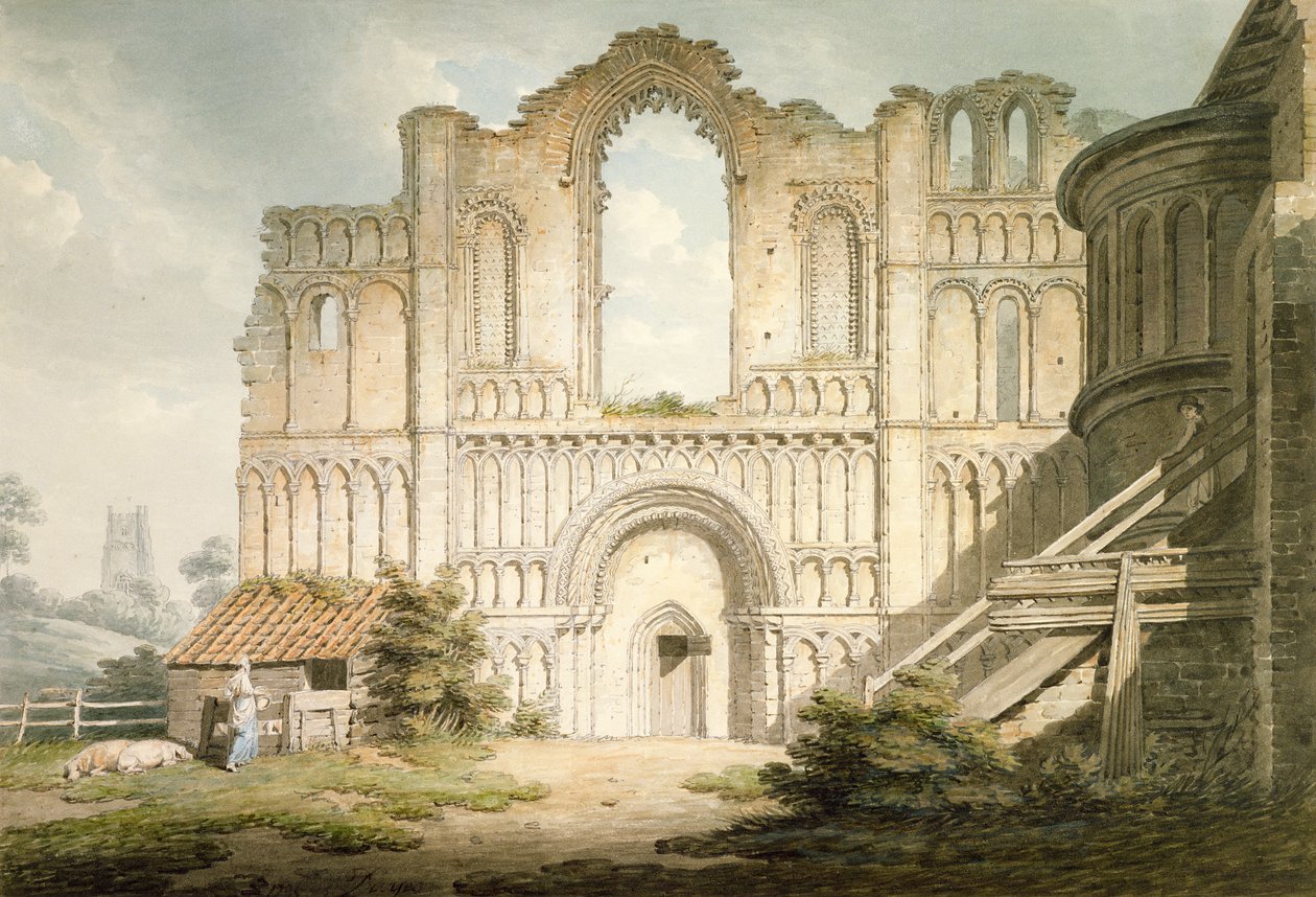 PD.56-1958 Frente oeste do Castelo Acre Priory Church, perto de Downham, Norfolk, 1796 (aquarela e lápis sobre papel) de Edward Dayes