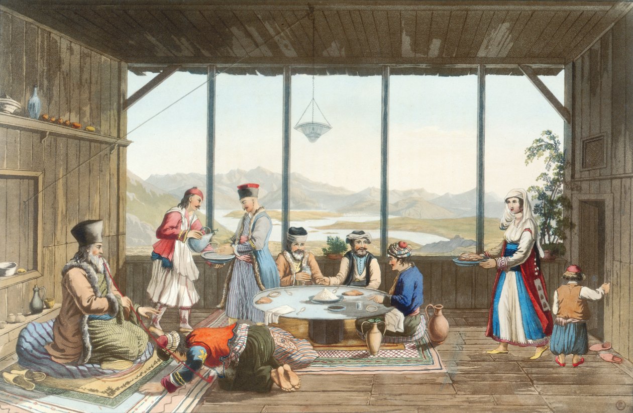 Jantar realizado em Delfos em honra do pintor pelo ancião da aldeia de Chryso, prato 10 da Parte 2 de &39;Vistas na Grécia&39;, gravado por T. Fielding, pub. 1821 (aquatinta colorida) de Edward Dodwell