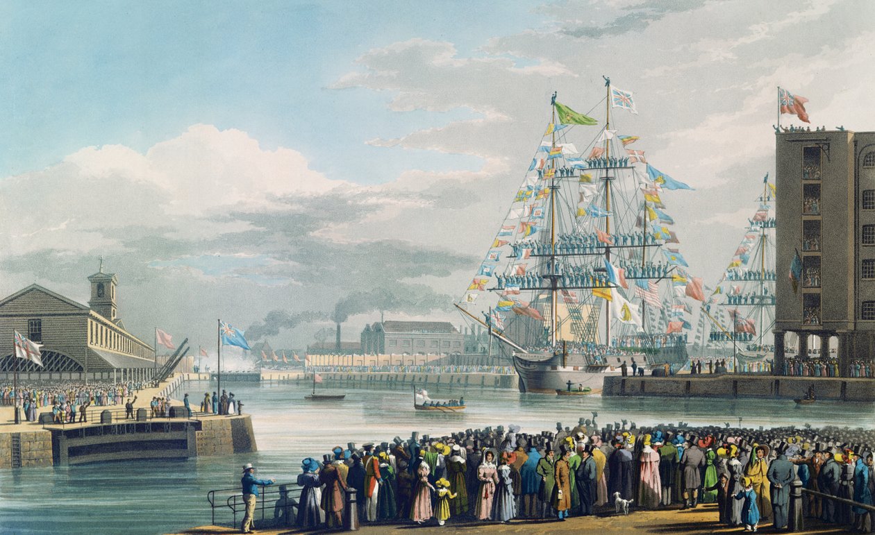 A inauguração de St Katharine Docks, sábado, 25 de outubro de 1828 (gravura colorida) de Edward Duncan