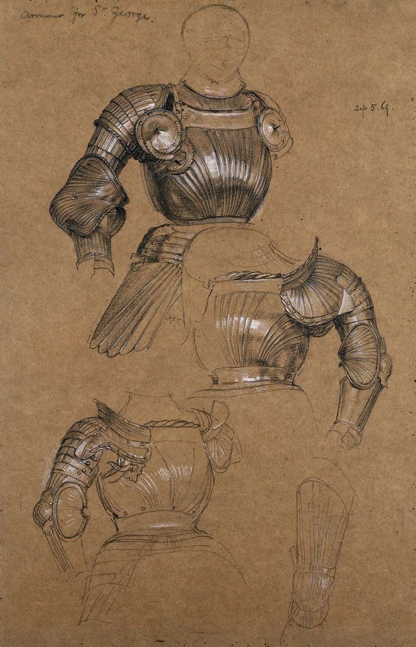 Três estudos de armadura para &39;St George&39;, 1869 (giz no papel) de Edward John Poynter