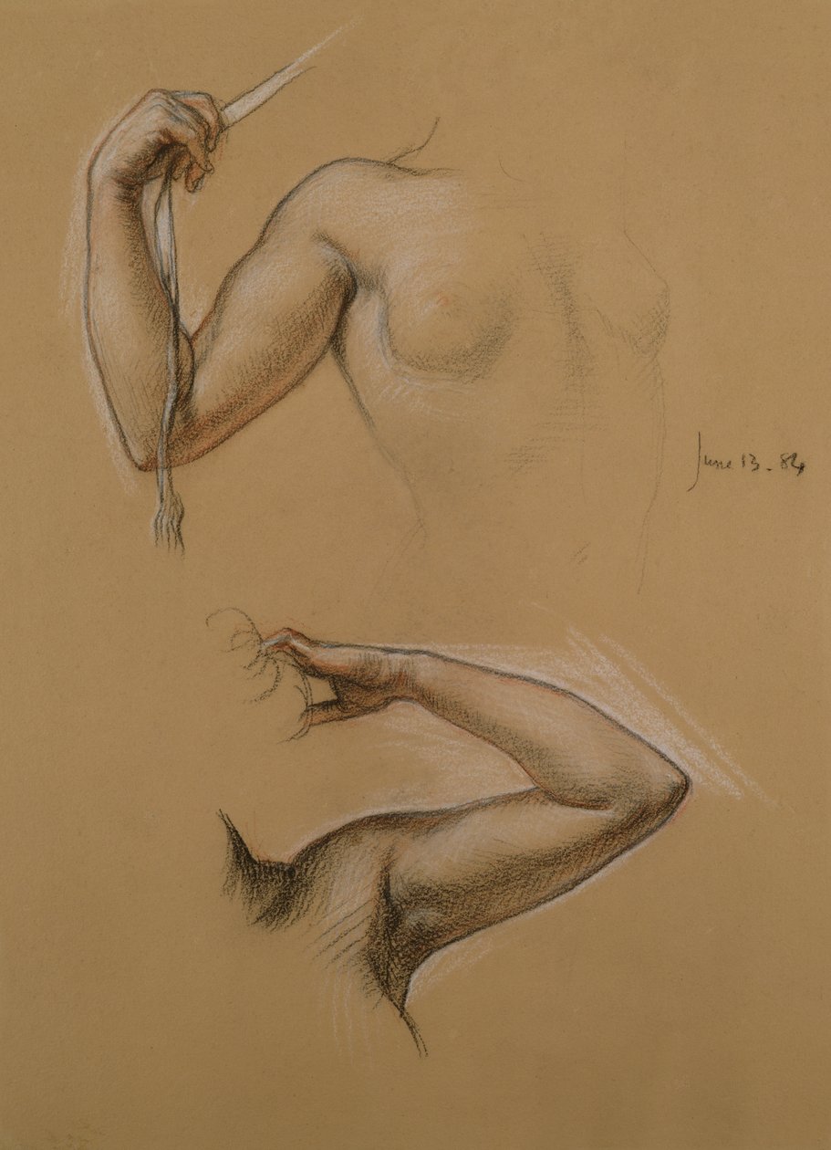 Dois estudos dos ombros e braços levantados de uma menina para &39;Diadumene&39;, 1884 (giz no papel) de Edward John Poynter