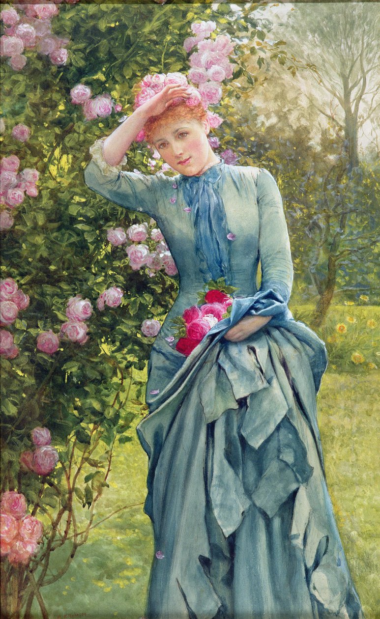 Gathering Roses, c.1880 (aguarela sobre papel) de Edward Killingworth Johnson