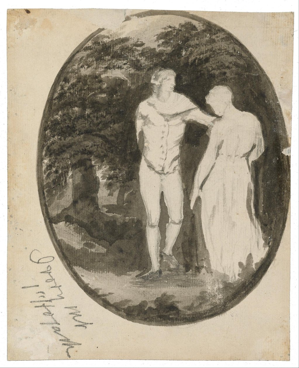 Um casal em uma paisagem arborizada definida em um oval de Edward Lear