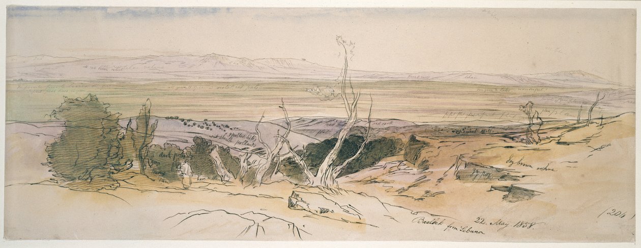 Baalbek do Líbano, 1858 (aquarela e caneta e tinta preta com indicações de grafite) de Edward Lear