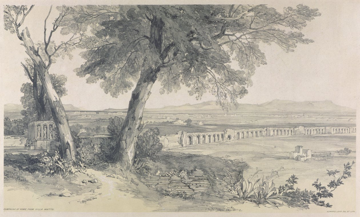 Campagna de Roma de Villa Mattei, de Vistas em Roma e seus arredores, 1841, (lito em papel pesado) de Edward Lear
