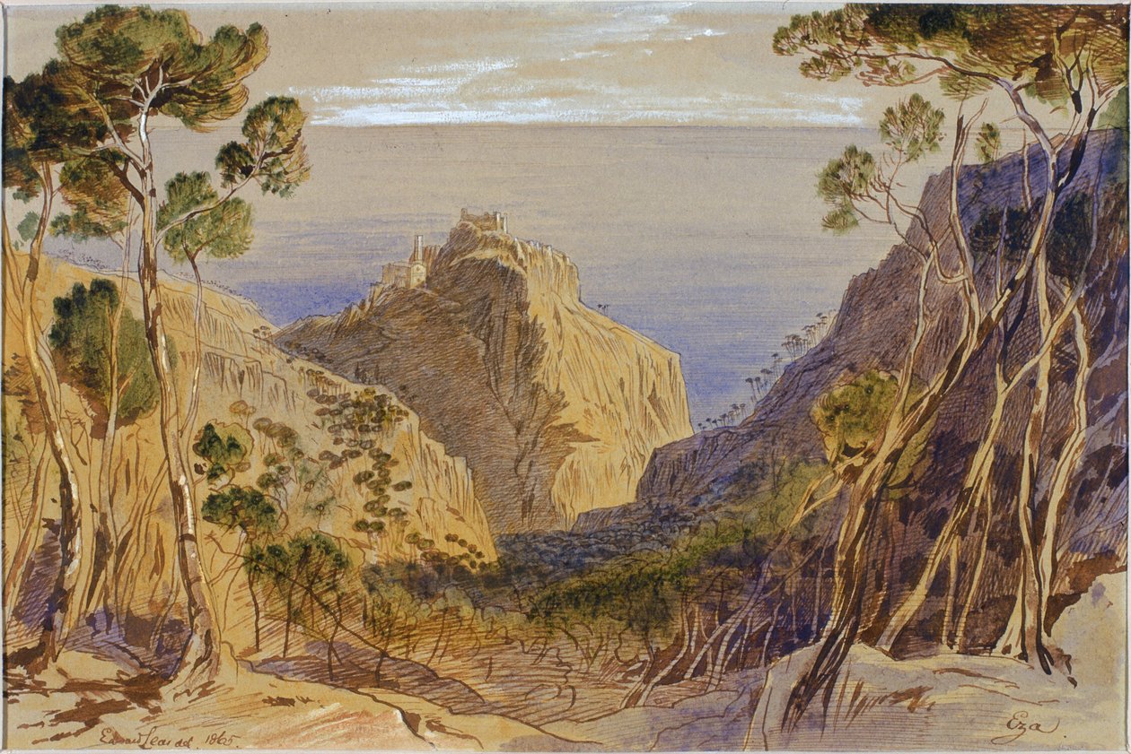 Eza, França, 1865 (tinta e wc no papel) de Edward Lear