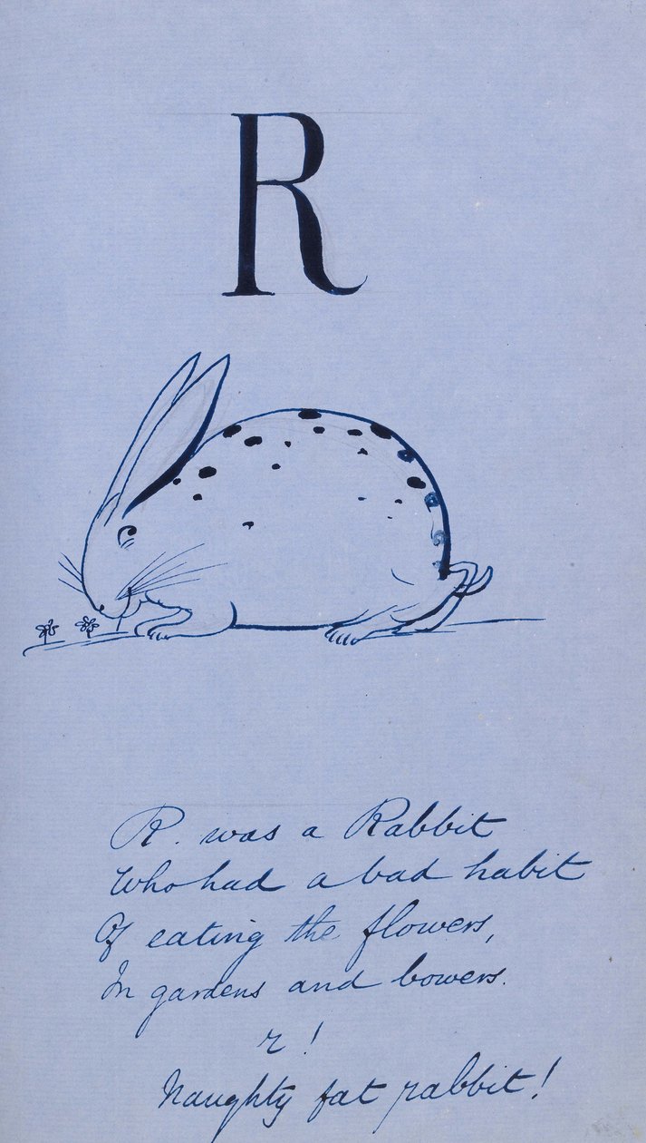 Alfabeto sem sentido - R, 1860 (caneta e tinta em papel azul com linho) de Edward Lear