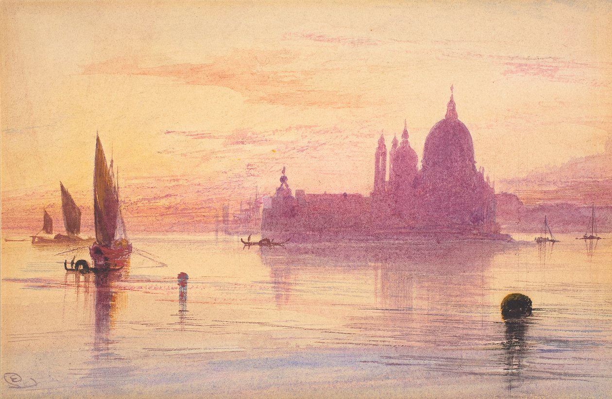 Santa Maria della Salute, Veneza, ao pôr-do-sol, 1865-84 (aquarela e guache sobre grafite em papel tufado) de Edward Lear