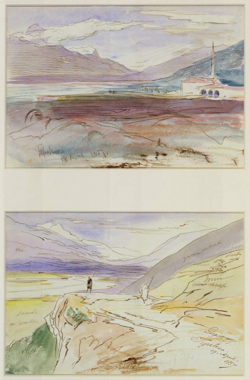Tepelene, 1857 (caneta, tinta e wc em papel de palha colocado a bordo) de Edward Lear