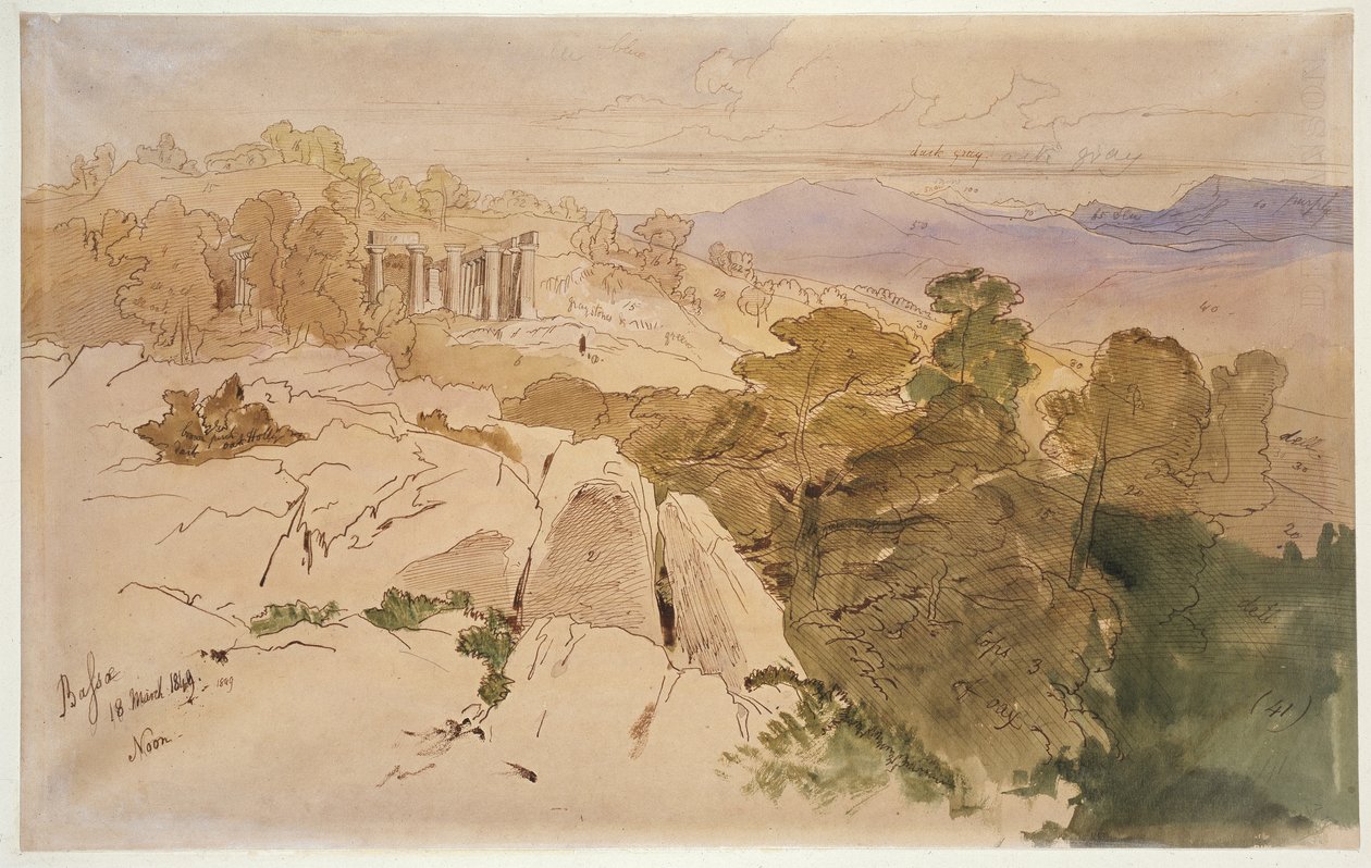 O Templo de Apolo em Bassae, Grécia, 1849 (caneta e tinta marrom com aquarela e tinta a óleo sobre papel pardo) de Edward Lear