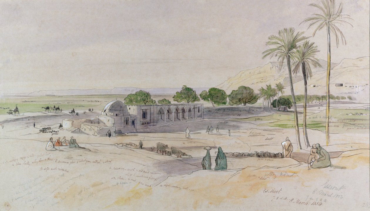 O Wadi, Es-Sioot, Egito, 1854 (wc, caneta e tinta) de Edward Lear