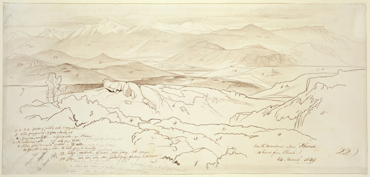 Vista das montanhas acima Phonia, 1849 (caneta e tinta marrom com grafite em papel off-white) de Edward Lear