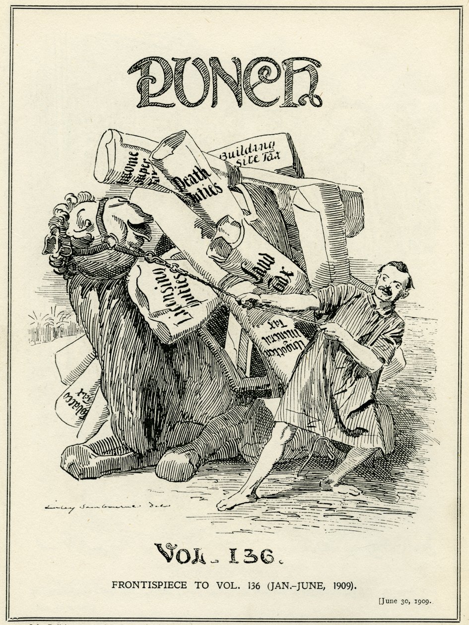 John Bull, retratado como um camelo, reluta em carregar as novas cargas tributárias impostas por Lloyd George em &39;The People&39;s Budget&39;, frontispício da Punch Magazine, 30 de junho de 1909. de Edward Linley Sambourne