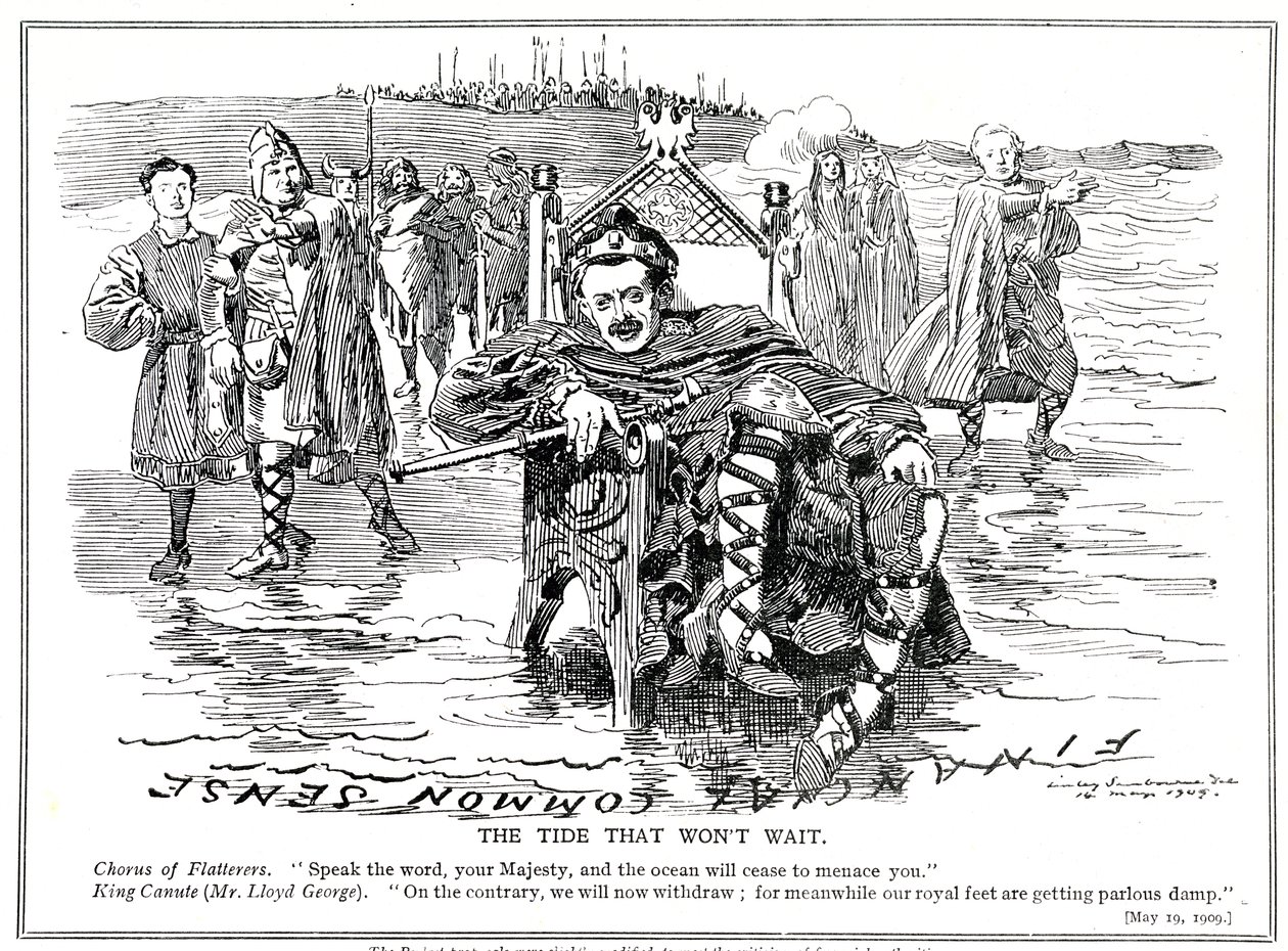 Lloyd George, como &39;King Canute&39;, decide modificar suas propostas orçamentárias após críticas de autoridades financeiras, 1909 de Edward Linley Sambourne