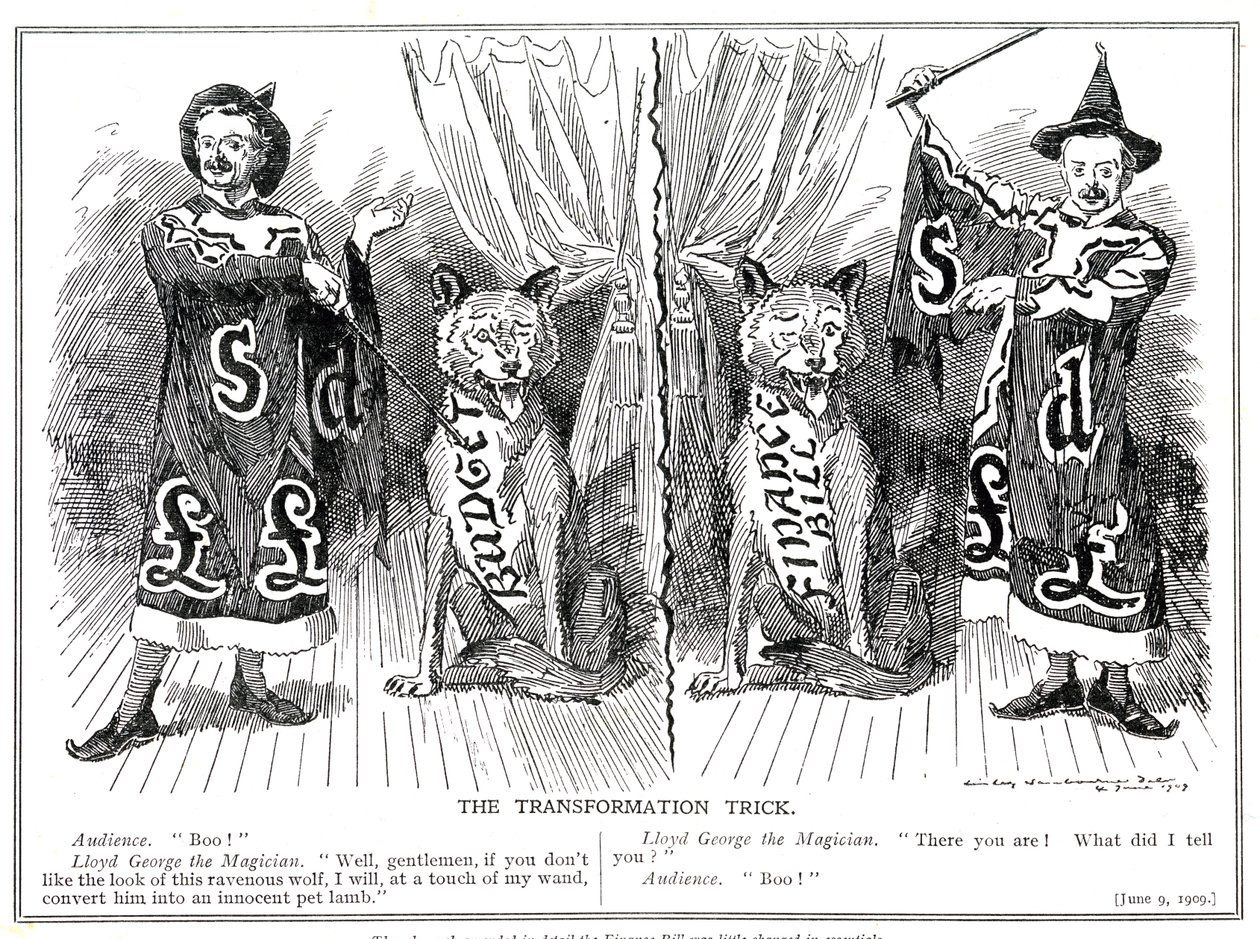Lloyd George, o &39;Mago&39;, efetua uma transformação mágica nas propostas orçamentárias para o &39;Orçamento do Povo&39;, 1909 de Edward Linley Sambourne