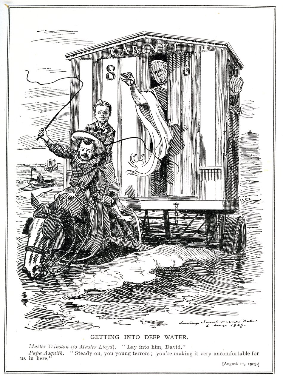 O primeiro-ministro Asquith impede que Lloyd George e Winston Churchill causem alarme com seus discursos inflamados em apoio à ajuda aos desempregados e à introdução de um salário mínimo, 1909 de Edward Linley Sambourne