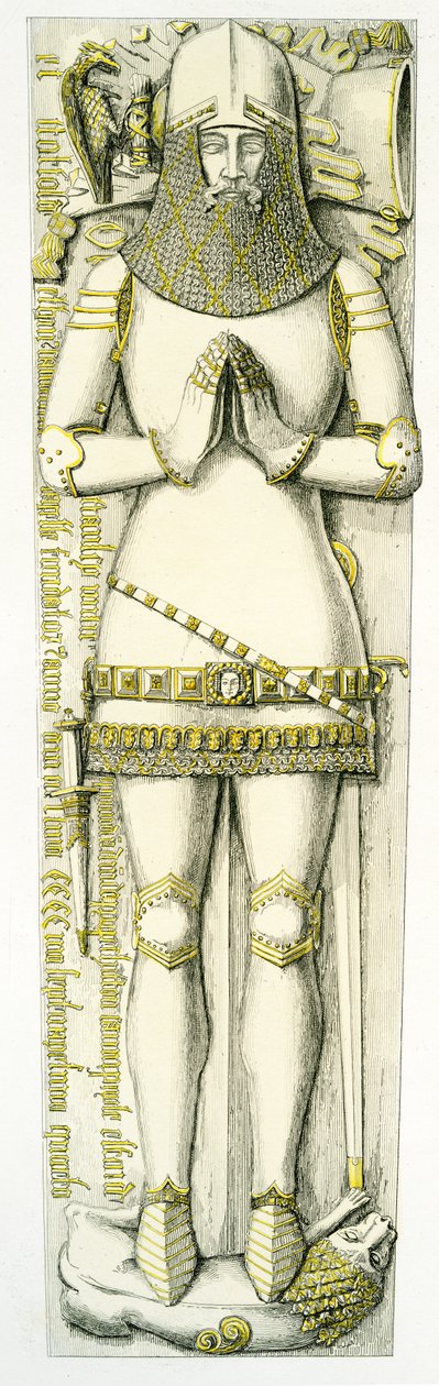 Efígie de Sir John Stanley, Igreja de São Pedro, Elford, Staffordshire, Inglaterra, 1848-18 (gravura colorida à mão) de Edward M. Richardson