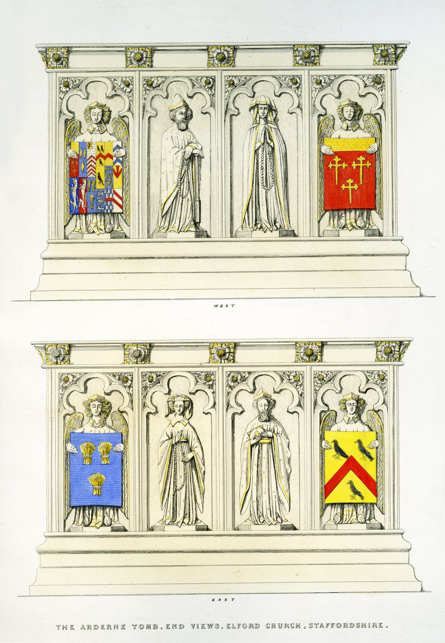 O Túmulo Arderne, Igreja de São Pedro, Elford, Staffordshire, Inglaterra, 1848-9 (gravura colorida à mão) (ver também 741543 e 779743) de Edward M. Richardson