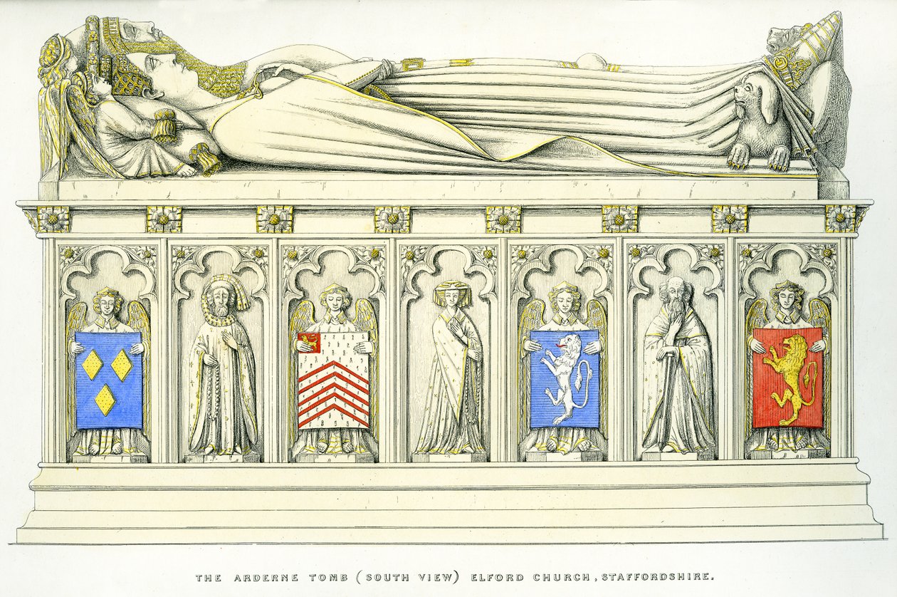 O Túmulo Arderne, Igreja de São Pedro, Elford, Staffordshire, Inglaterra, 1848-9 (gravura colorida à mão) (ver também 741543 e 779744) de Edward M. Richardson
